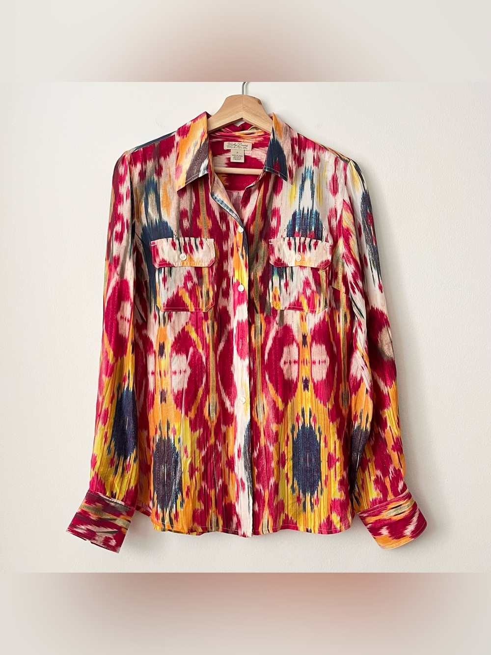 Lucky Brand Women's 100% Silk Colorful Ikat Print Blouse Shirt Size S Southwest